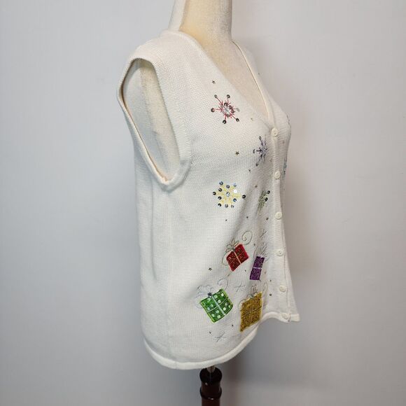 Vintage Kim Rogers Christmas Sweater Vest Size L Ivory Snowflake Gifts Sequin - Picture 3 of 12